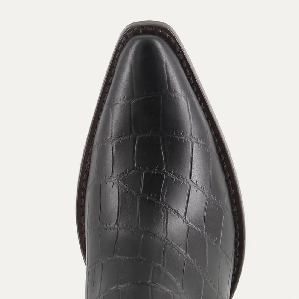 Black & Brown Croc Embossed Snip Toe Embroidered Cowgirl Boots