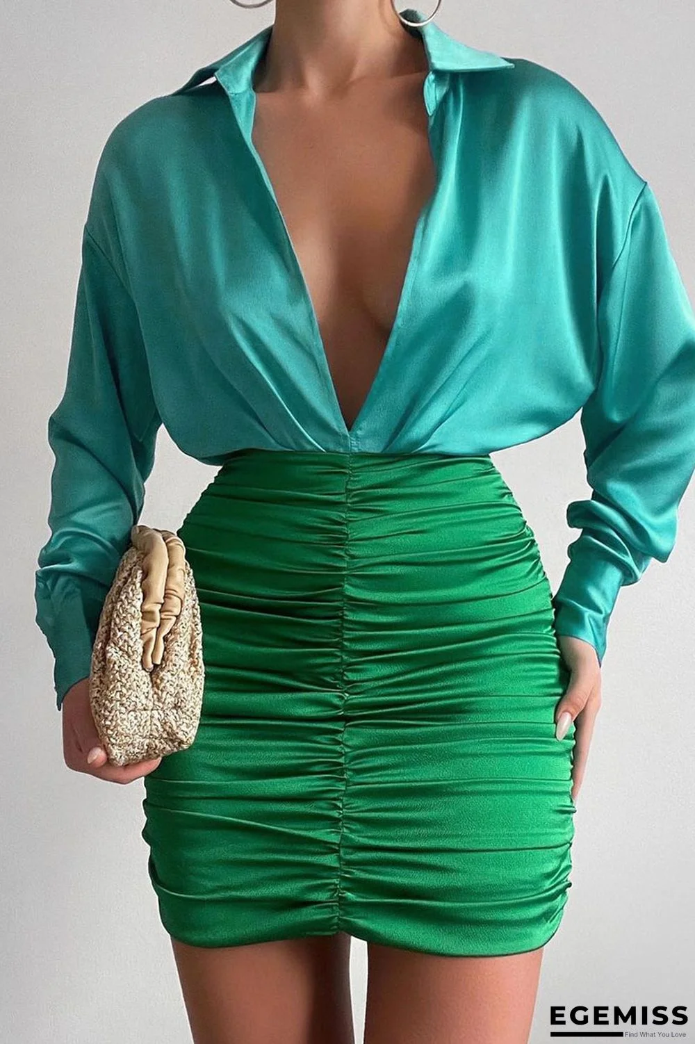 Blue Sexy Solid Patchwork Fold V Neck Dresses | EGEMISS
