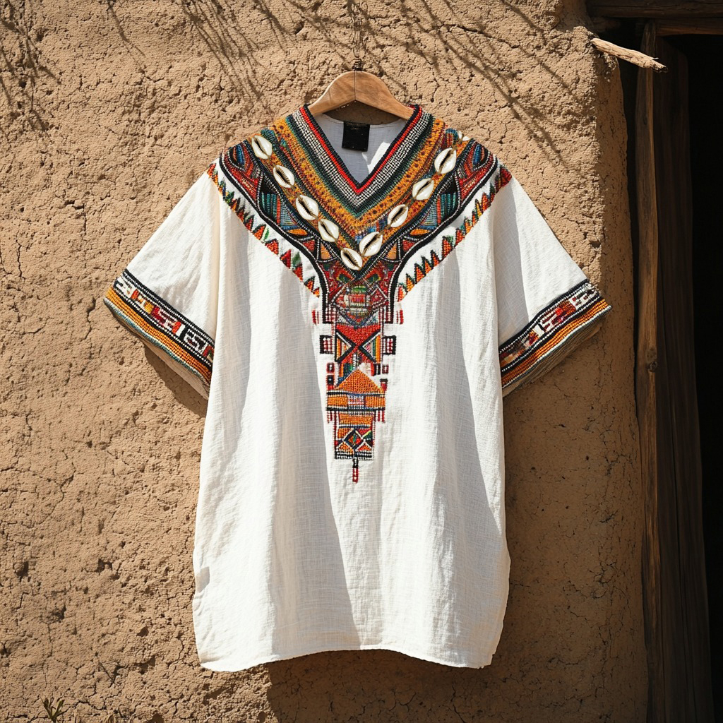 Vintage African Ethnic Kenyan Shell Art Linen Shirt