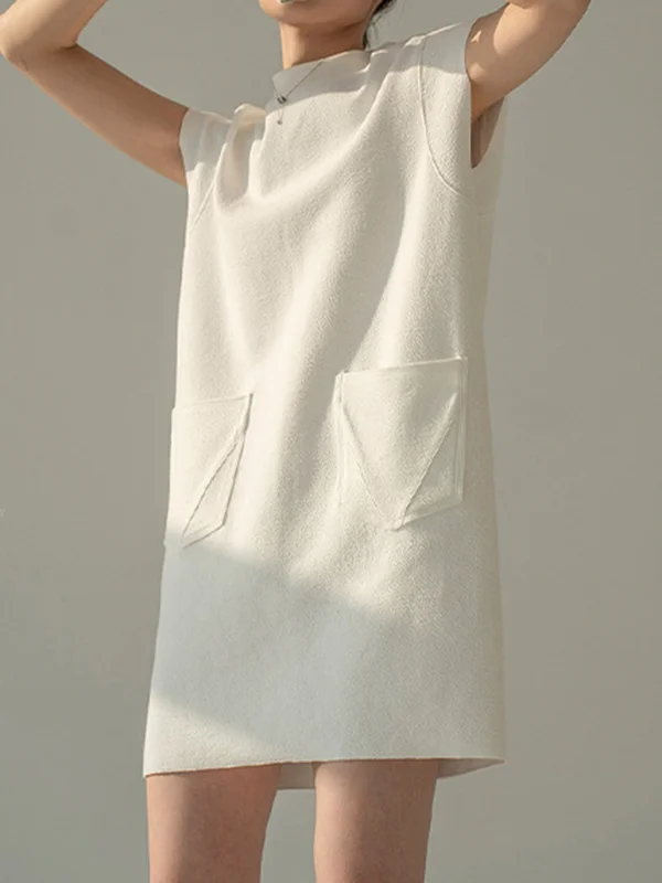 Cap Sleeve Pockets Pure Color Round-Neck Mini Dresses
