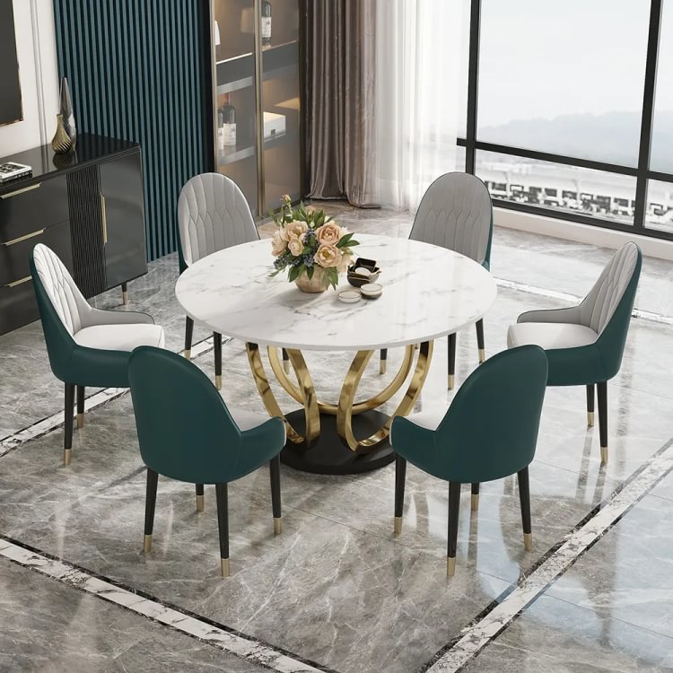 Homemys Modern Round White Dining Table with Marble Top & Stainless Steel Frame