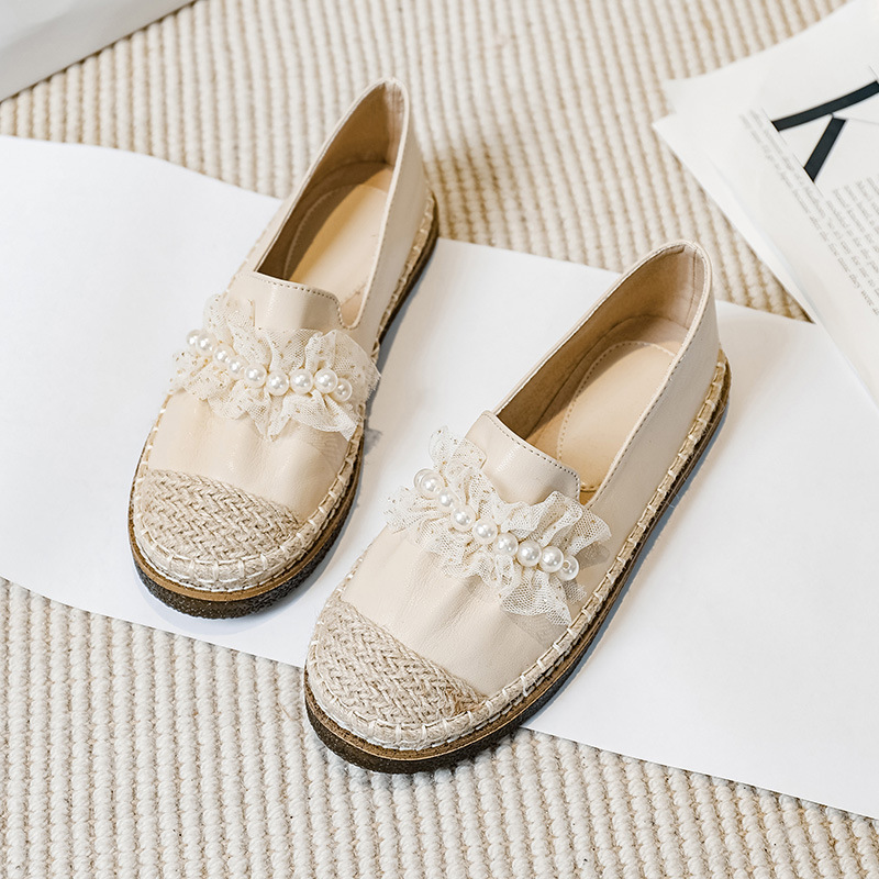 Women's Pearl Lace Leather Espadrille Flats Slip-On Shoes | ARKGET