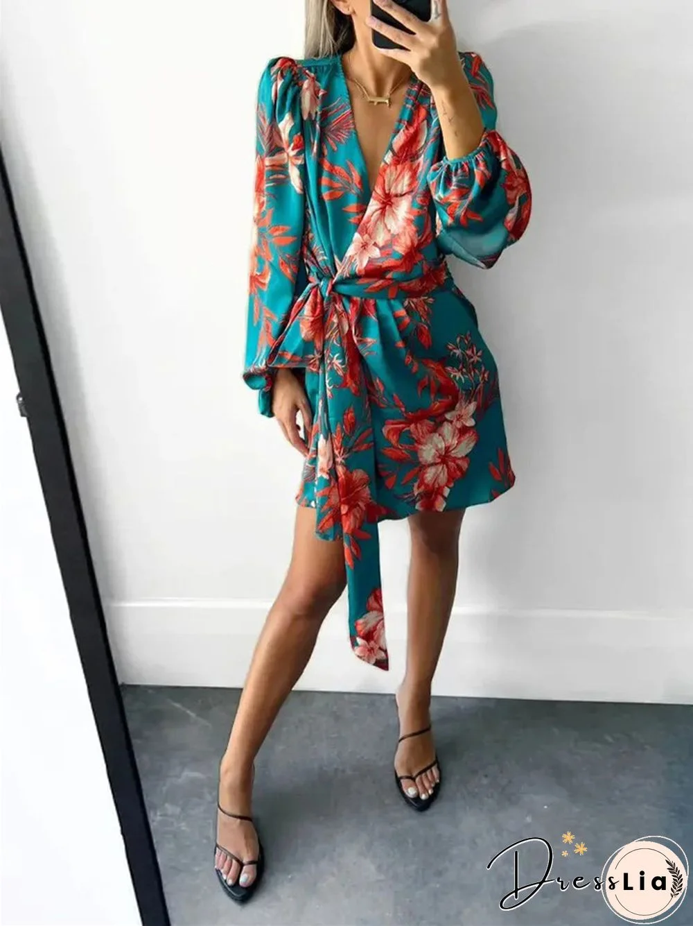 Fashion Printed Long-sleeved V-neck Casual Irregular Dress