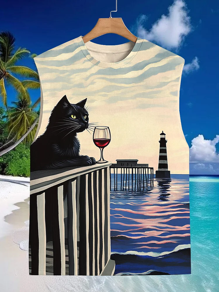 Men's Cat Drinking Red Wine Ocean Lighthouse Print Tank Top