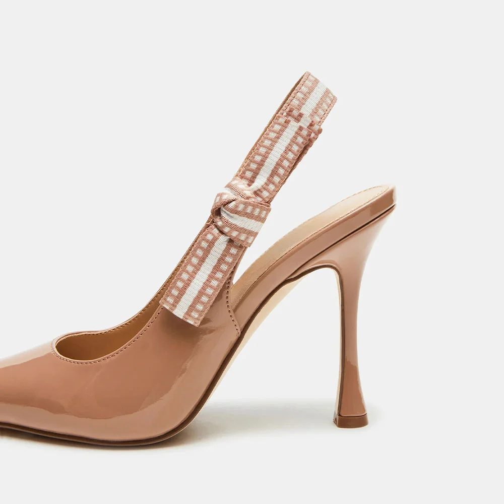 Patent Leather Stiletto Heel Slingback Bow Accent Nude Pumps