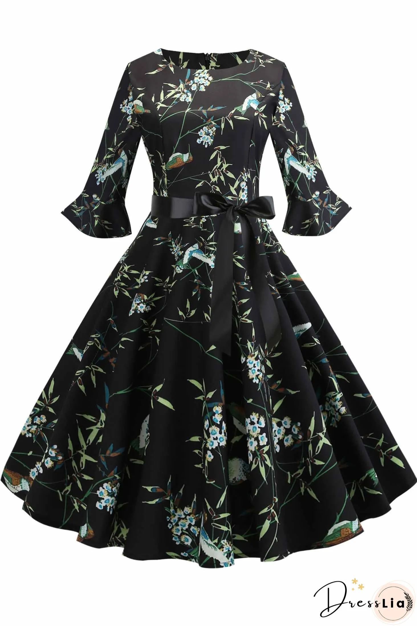 Floral Print Boatneck A-line Dress