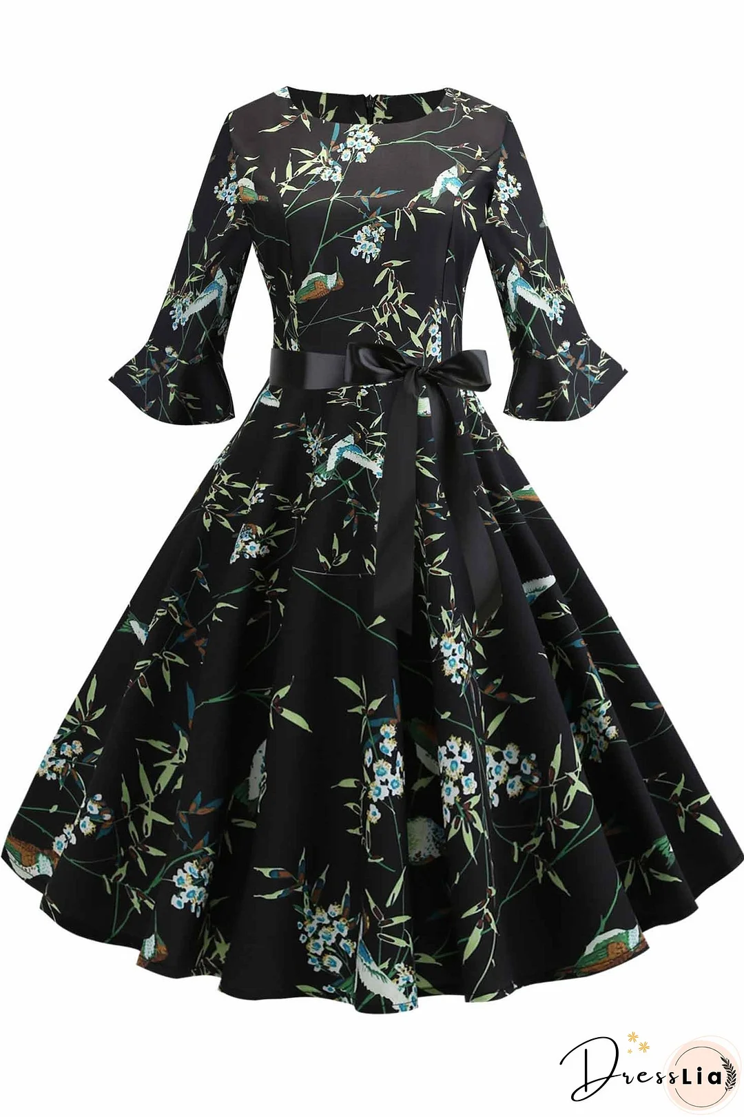 Floral Print Boatneck A-line Dress