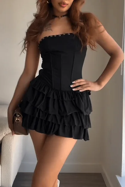 Strapless Satin Patchwork A-Line Cocktail Party Solid Velvet Mini Dresses- Red