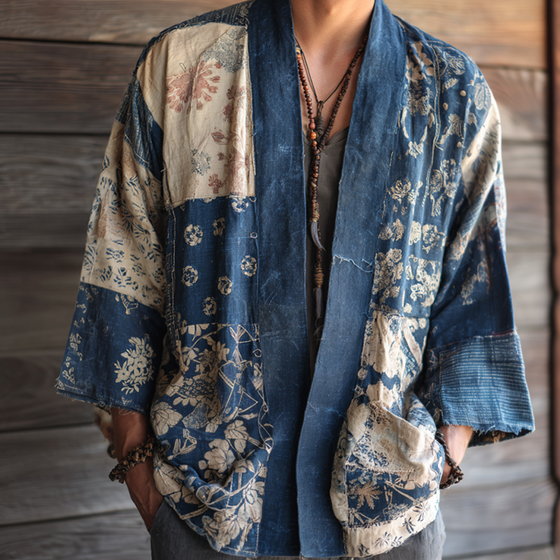Vintage Japanese Traditional Sashiko Patchwork Art Print Cotton And Linen Blend Kimono Cardigan  artssus