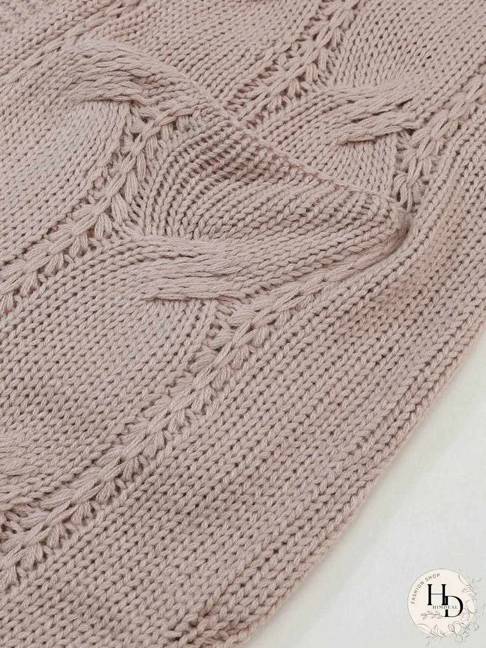 Apricot Eyelet Cable Knit Cardigan with Ribbed Trim