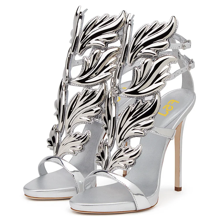 Metallic Silver Evening Shoes Open Toe Strappy Heeled Sandals |FSJ Shoes