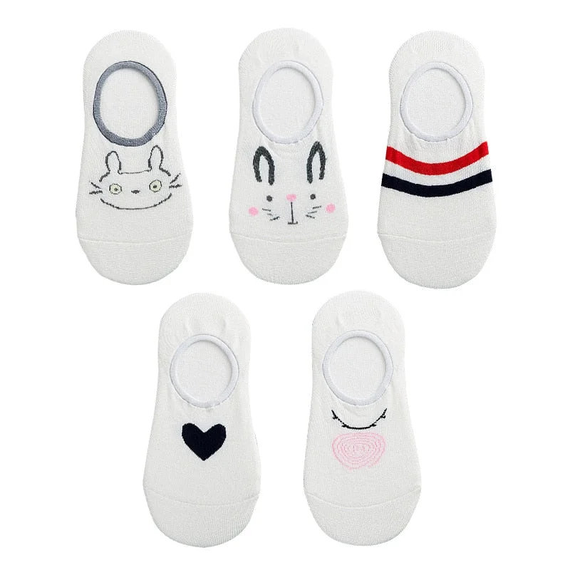 5 Pairs Lot Cotton Women Socks Female Casual Boat 3D Pack Cartoon Harajuku Cat Cute Heart Invisiable Funny Girl Ankle Sock Set
