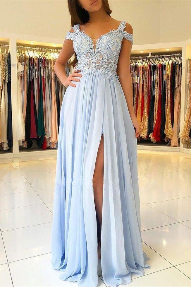 Bellasprom Sky Blue Long Prom Dress Chiffon With Lace Appliques Off-the-Shoulder Bellasprom