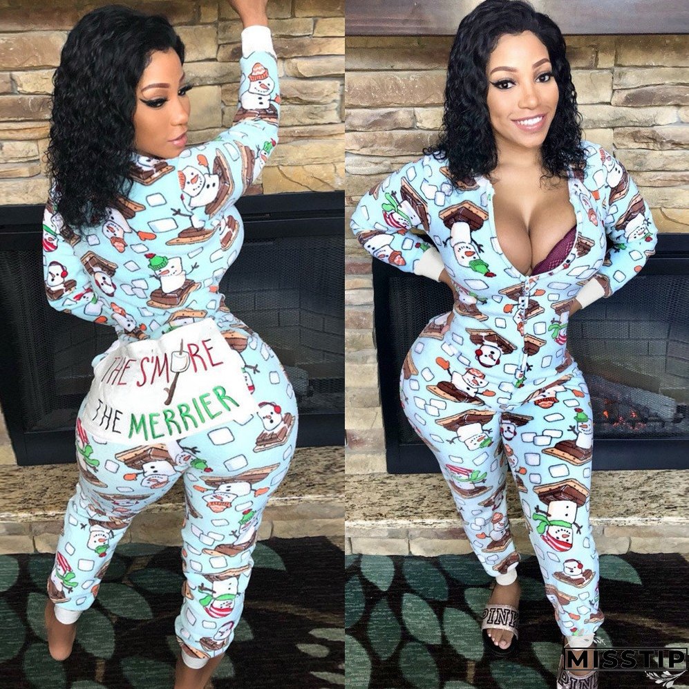Christmas Women Printed Long Sleeve Jumpsuit