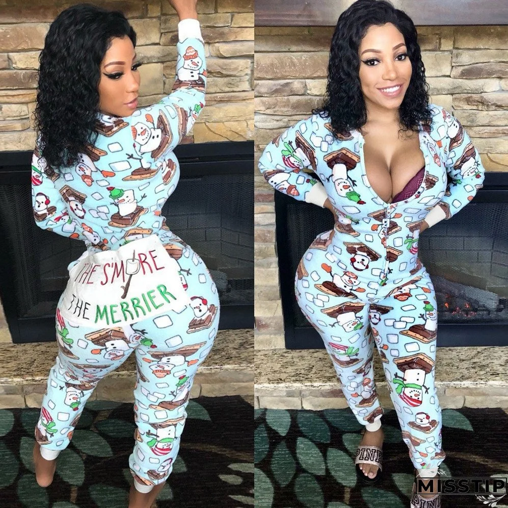 Christmas Women Printed Long Sleeve Jumpsuit