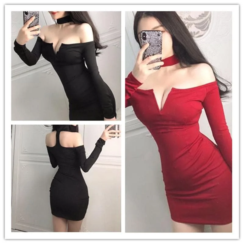 Red/Black Off-Shoulder Skinny Dress SP1811783