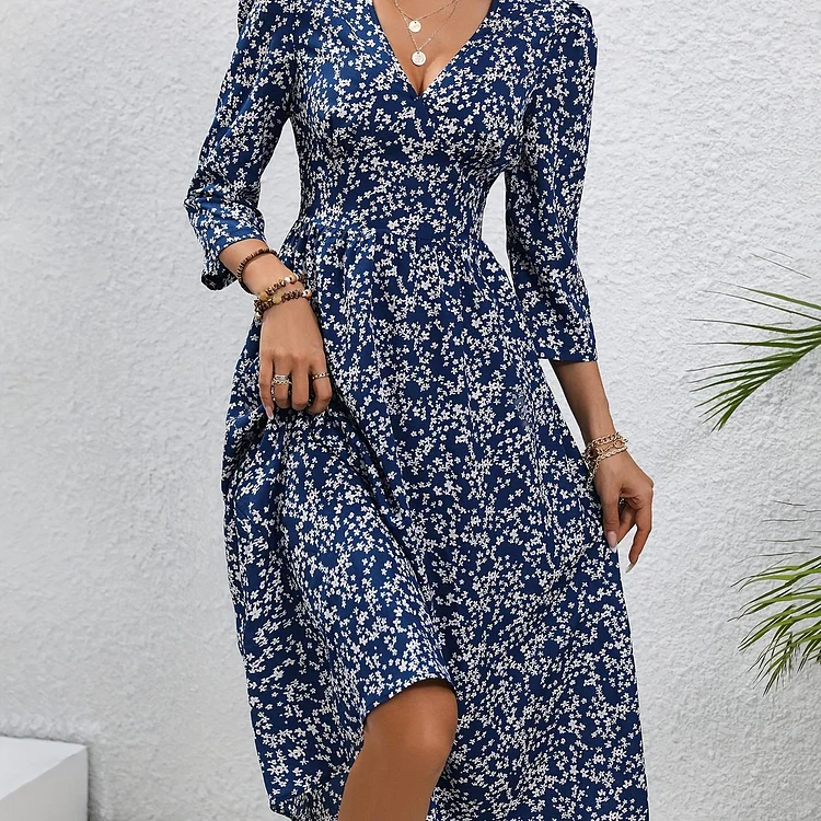 Floral Print V Neck A-line Dress, Casual Three-quarter Sleeve Midi Length Dress, Women's Clothing