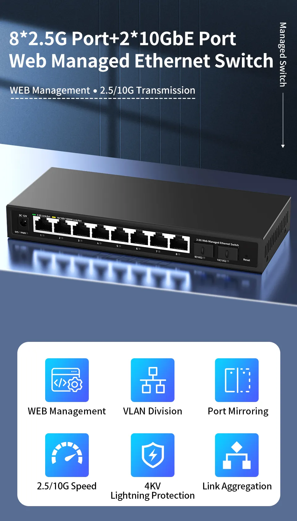 GoodTop 2.5G Web Managed Switch 8 Port 2.5Gb Network Switch with 2
