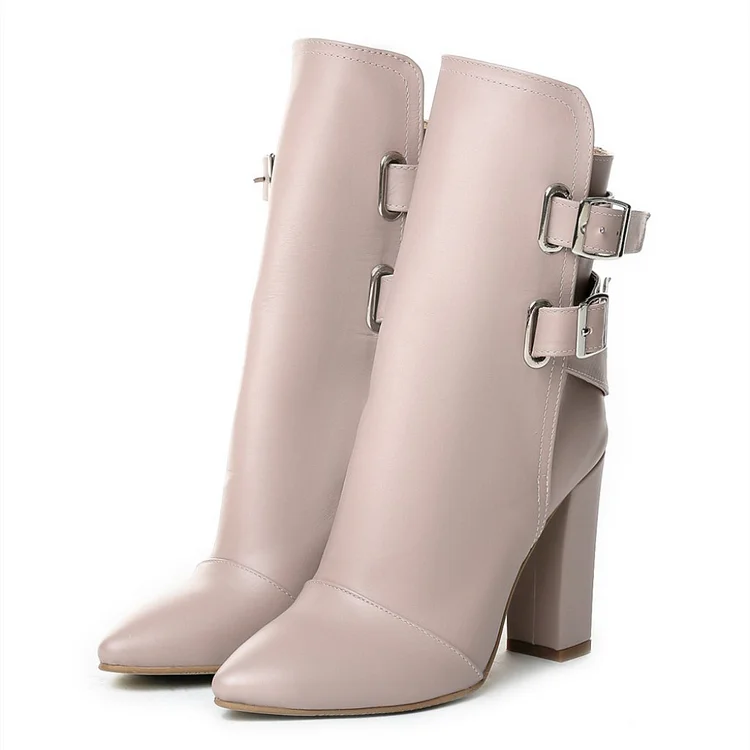 Nude Chunky heel Boots Buckle Ankle Boots for Women |FSJ Shoes