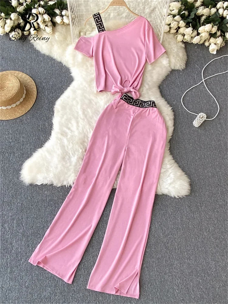 Huibahe Vacation Casual Sports Suits Summer Off Shoulder Short Camis Tops+High Waist Wide Leg Pants Women Y2K Two Pieces Sets