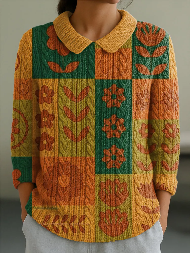 Women's Vintage Floral Plaid Painting Art Print Casual Peter Pan Collar 3/4 Sleeve Sweater