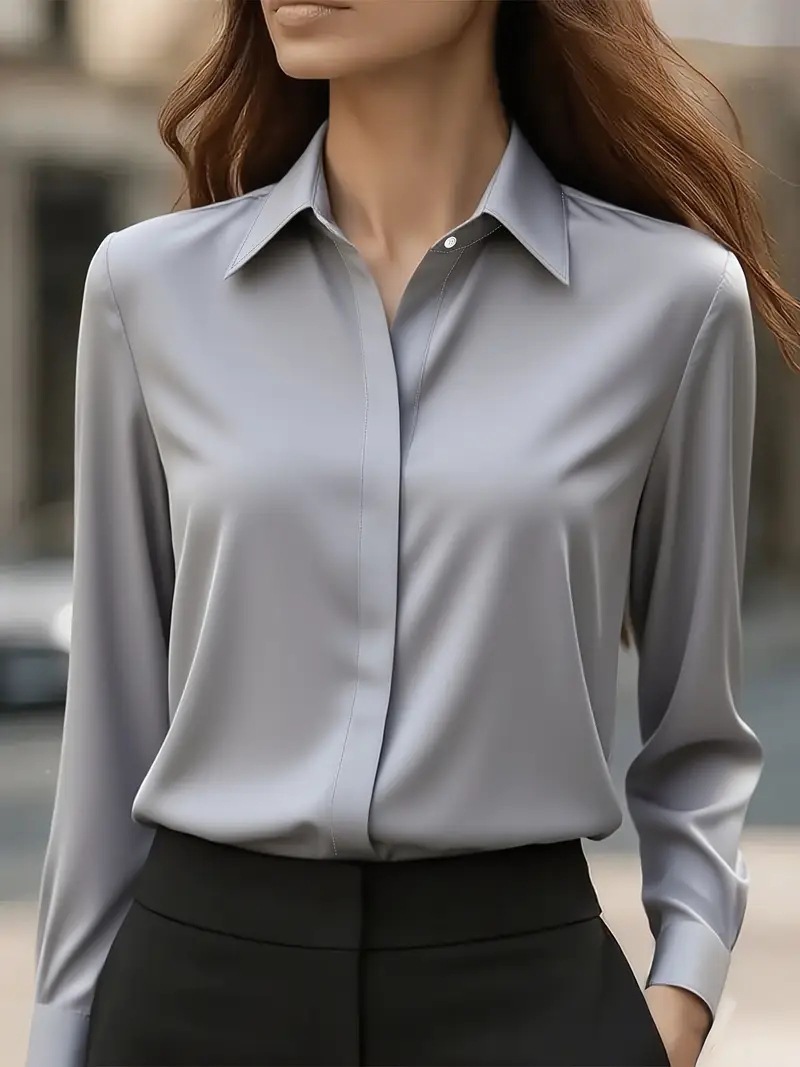 Satin Button-Down Long Sleeve Blouse