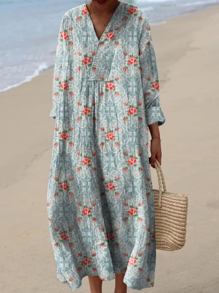 Womens Geometric Rose Floral Pattern Print Casual Dress