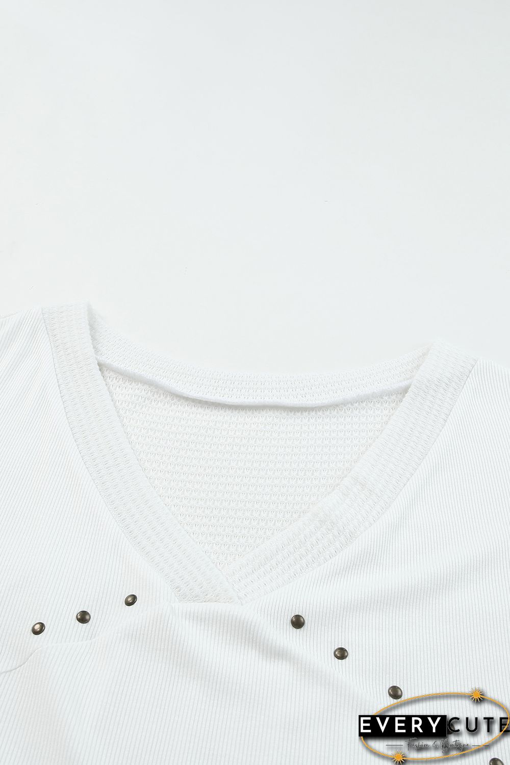 White Contrast Knit Splicing V Neck Studded Blouse