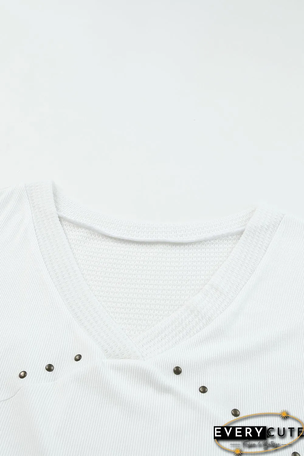 White Contrast Knit Splicing V Neck Studded Blouse