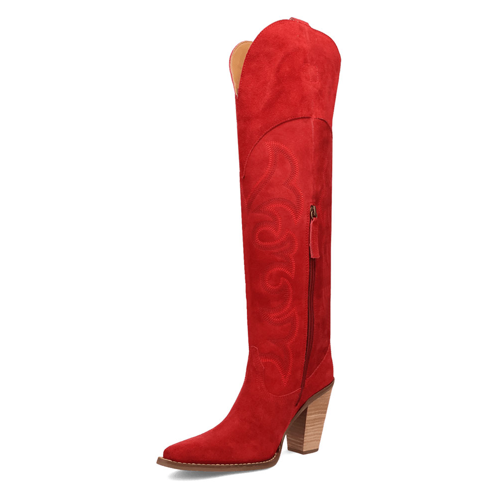 Red Pointed Toe Chunky Heel Embroidered Tall Western Boots with Zipper Nicepairs