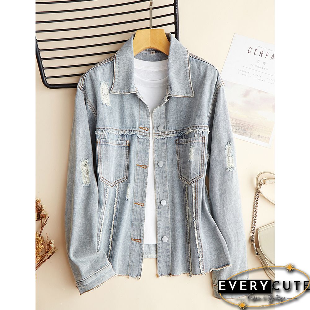 Light Blue Distressed Raw Hem Denim Jacket