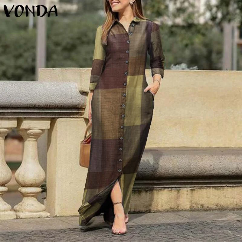 VONDA 2022 Autumn Women Elegant Shirt Dress Casual Patchwork Bohemian Long Sundress Printed Party Vestidos Kaftan Robe Plus Size