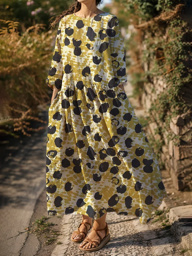 Women's Casual Gold Polka Dot Print Long Sleeve Dress socialshop