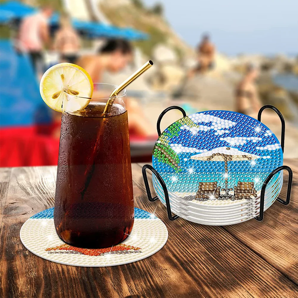 8pcs DIY Beach Holiday Diamond Painting Art Coaster Kit Acrylic Round Diamond Painting DIY Coaster