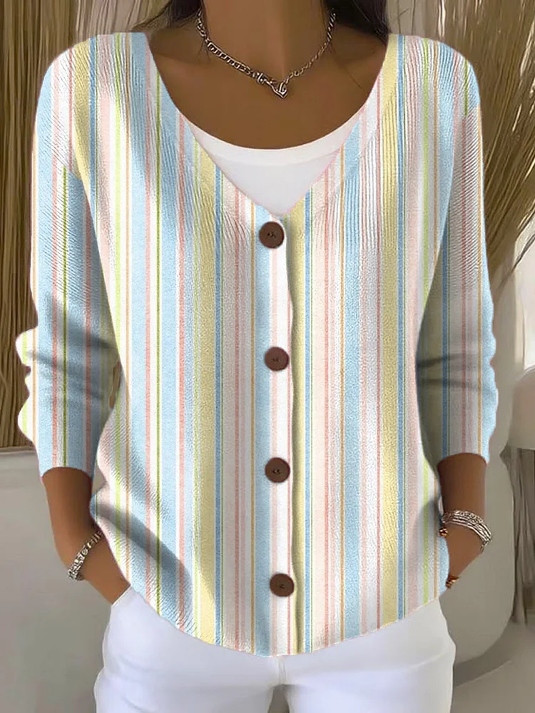 Vertical Stripes Print Buttoned V-neck Cardigan Sweater