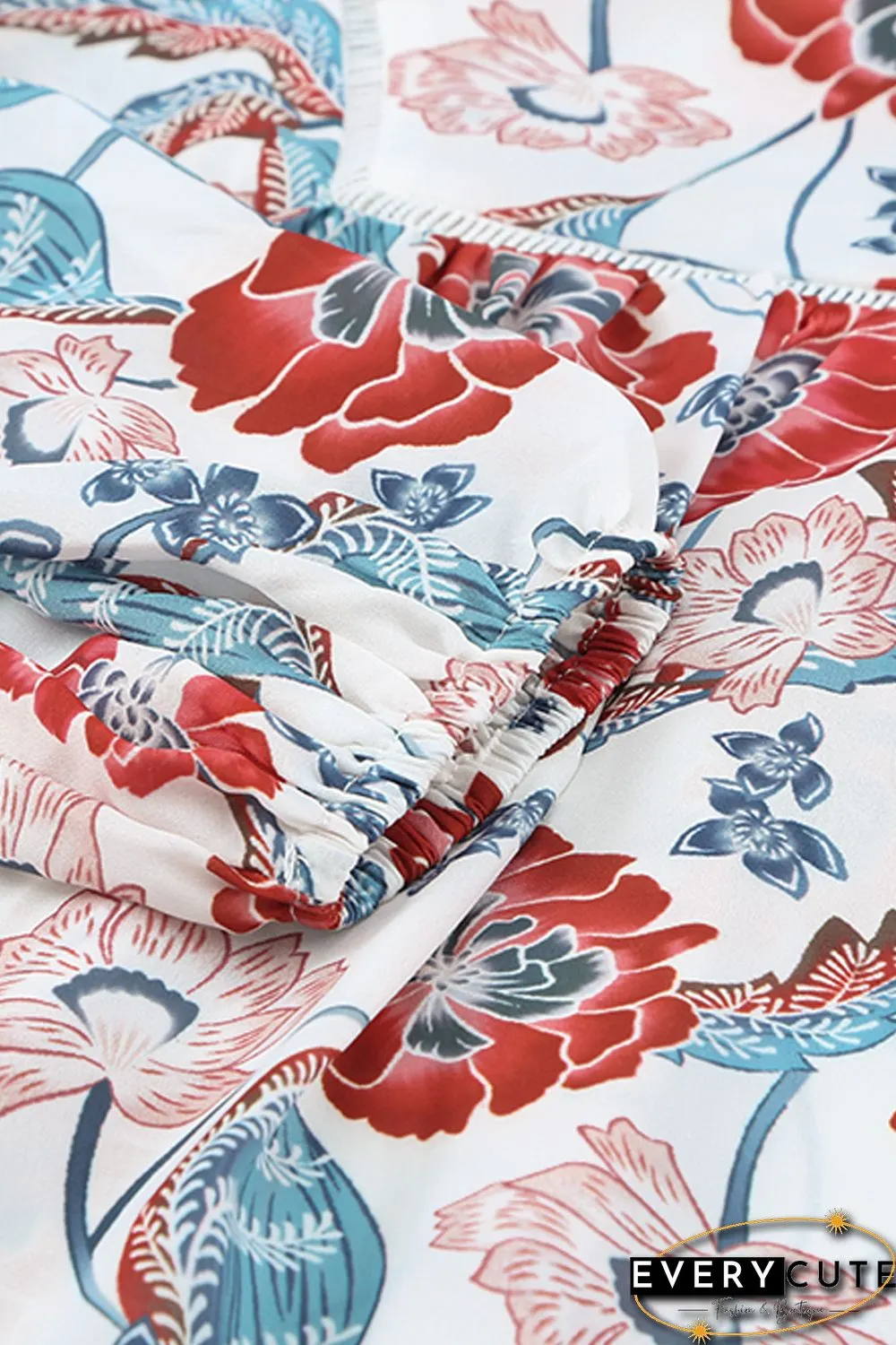 Red Split Neck Bubble Sleeve Floral Patchwork Blouse