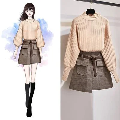 Korean Fashion Knitted Puff Sweater and Woolen Plaid Skirt Set SP16553