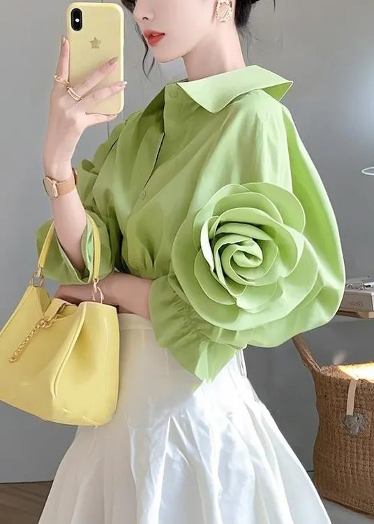 Floral Green Peter Pan Collar Button Cotton Blouses Half sleeve Fall