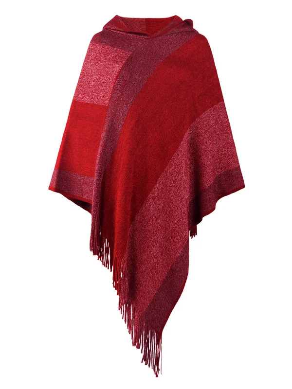 Casual Roomy Striped Tasseled Hooded Cape