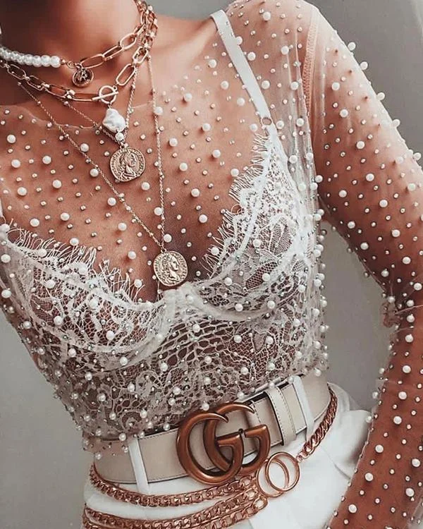 Ladies Sexy Pearl Embellished Lace Top