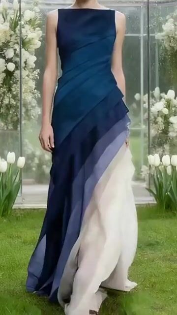 French Blue High Waist Patchwork Tulle Maxi Dresses Sleeveless