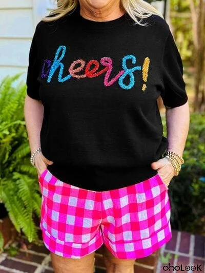 Plus Size CHEERS Round Neck Short Sleeve Sweater