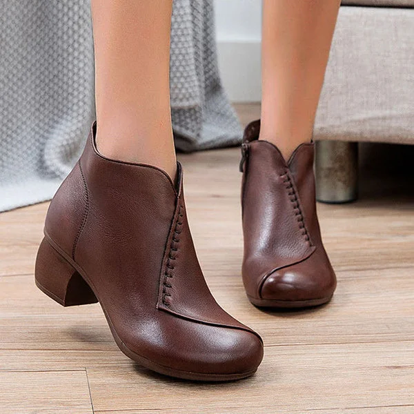 HUXM Round Toe Chunky Heeled Solid Color Ankle Boots