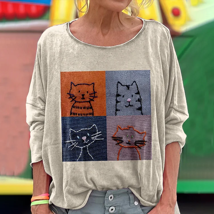 Vintage Embroidered Cat Women's Cozy Linen Crew Neck T-shirt