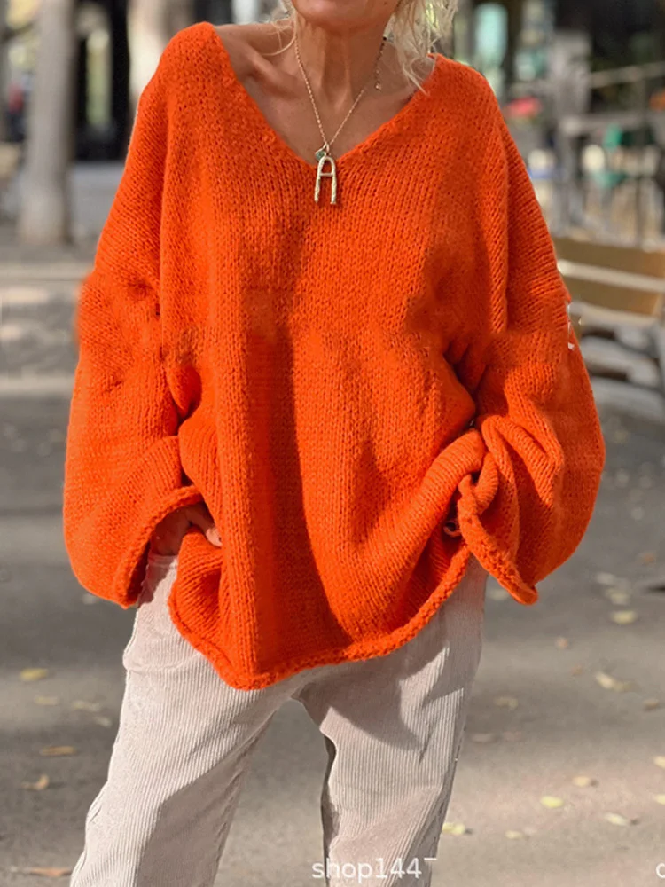Crew Neck Fuzzy Solid Casual Long Sleeve Women Knitted Cashmere Sweater