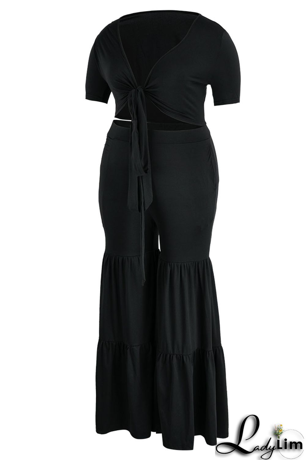 Black Casual Solid Bandage Patchwork V Neck Plus Size Two Pieces