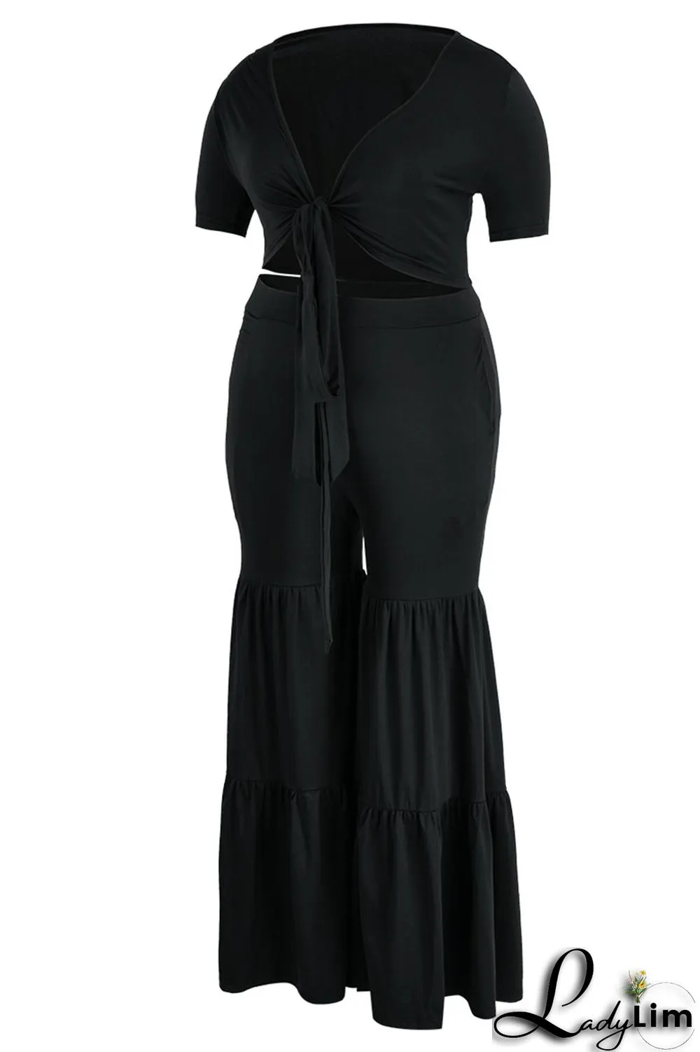 Black Casual Solid Bandage Patchwork V Neck Plus Size Two Pieces