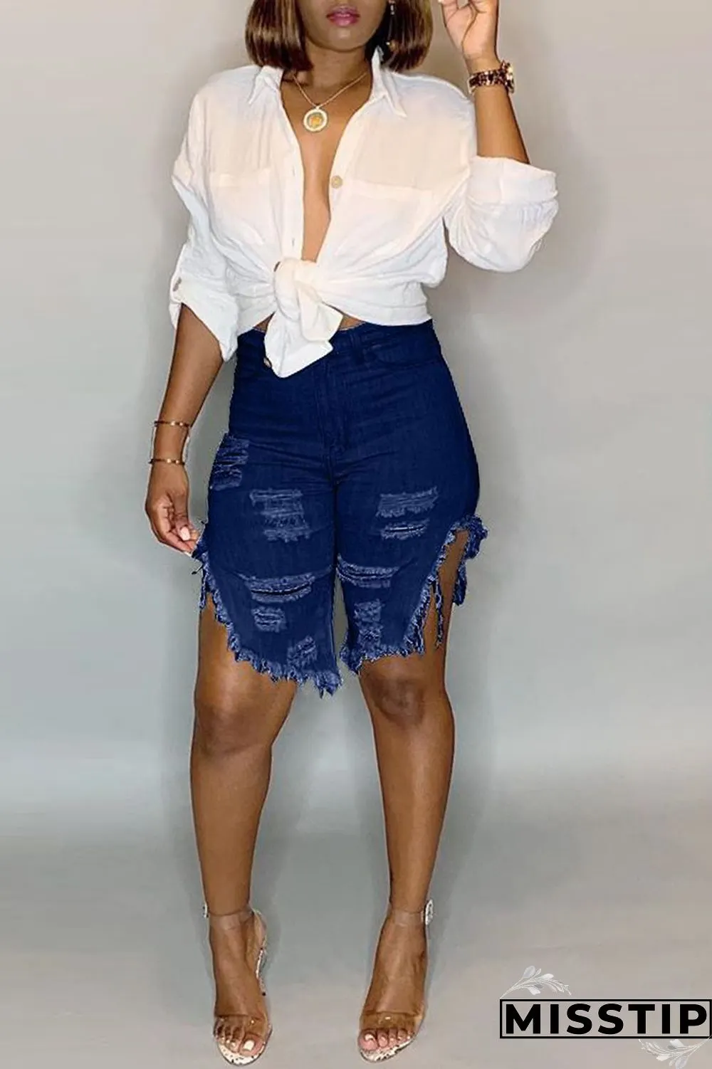Light Blue Fashion Casual Mid Waist Jeans