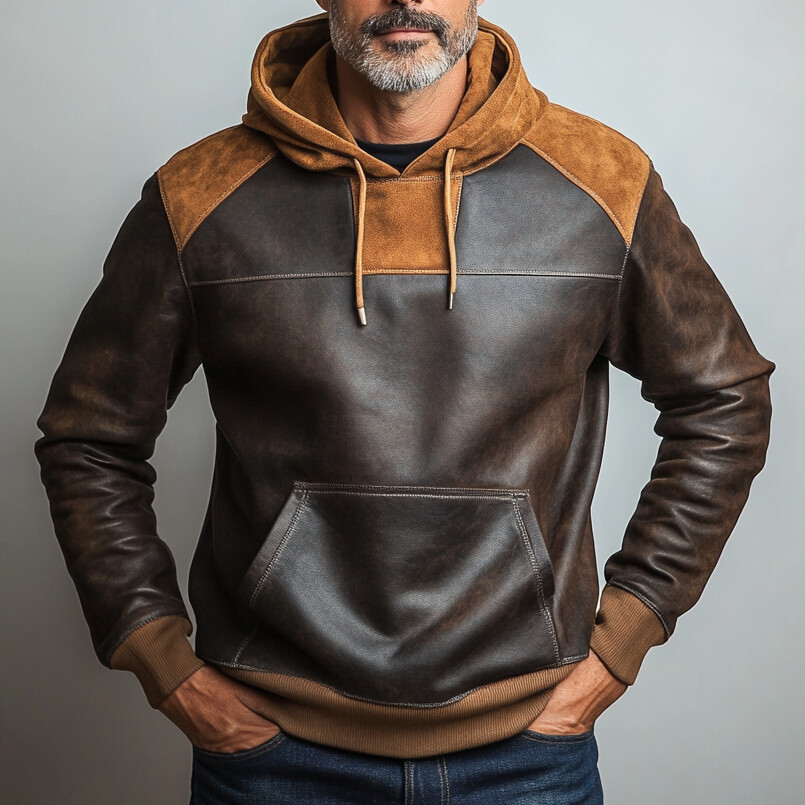 Men's PU Leather Patchwork Suede Pocket Drawstring Hoodie