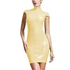 High Neck Wetlook Bodycon Mini Dress Women Short Sleeve Turtleneck Slim PVC Dress Ladies Full Zipper Dress Plus Size Clubwear